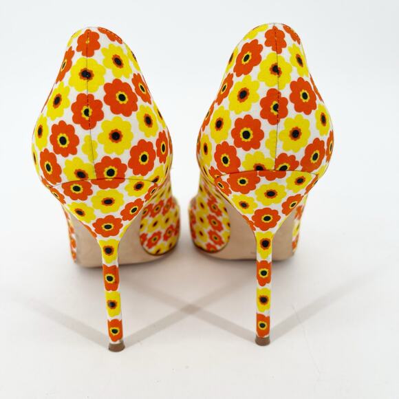 Manolo Blahnik Yellow Orange Floral Cotton BB Pointed Toe Stiletto Heels IT 37.5 - Picture 9 of 13